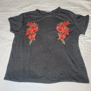 Jasmine gray embroidered rose and destructed design tee Plus Size 3X